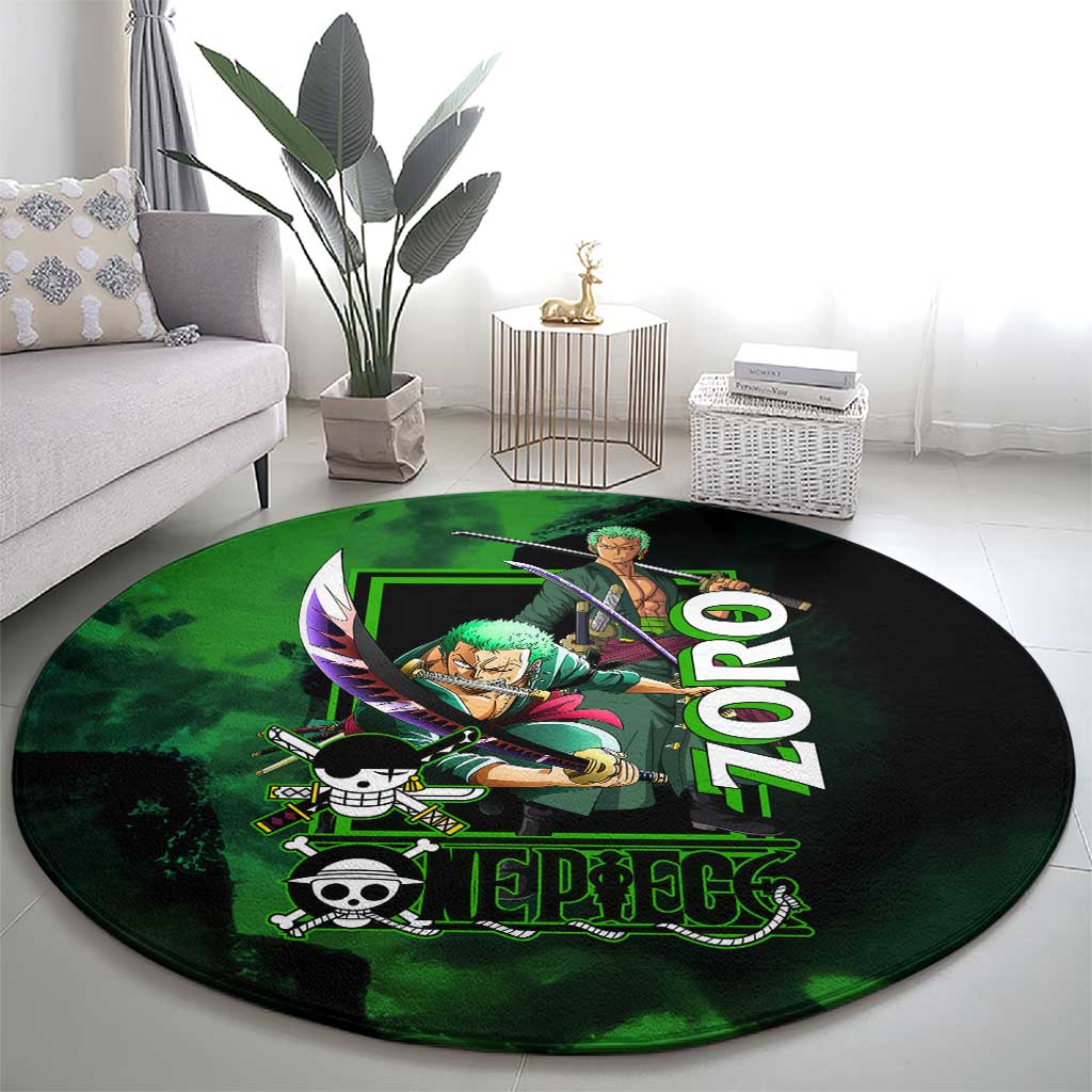 Zoro One Piece Green Theme Round Carpet with Swordsman Pose and Three Sword Style Design - The Mazicc
