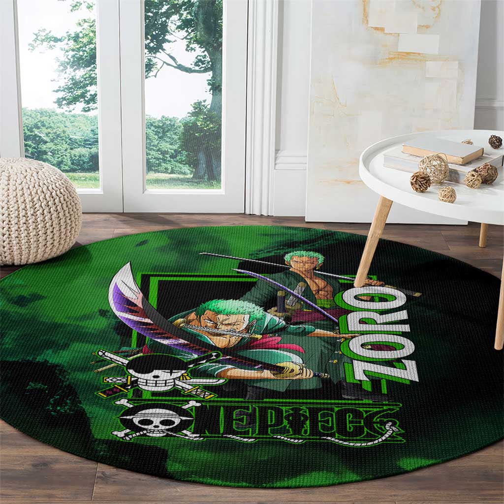Zoro One Piece Green Theme Round Carpet with Swordsman Pose and Three Sword Style Design - The Mazicc