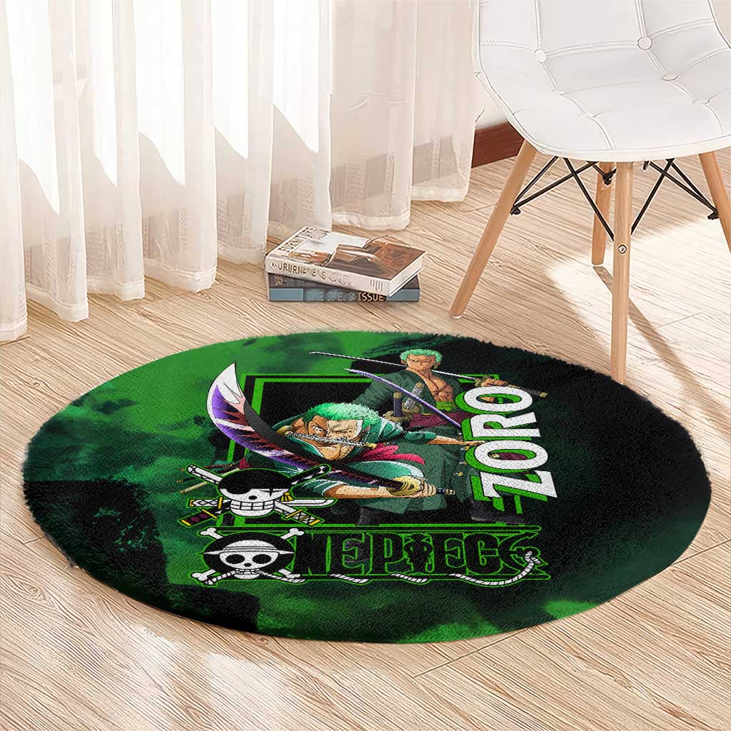Zoro One Piece Green Theme Round Carpet with Swordsman Pose and Three Sword Style Design - The Mazicc