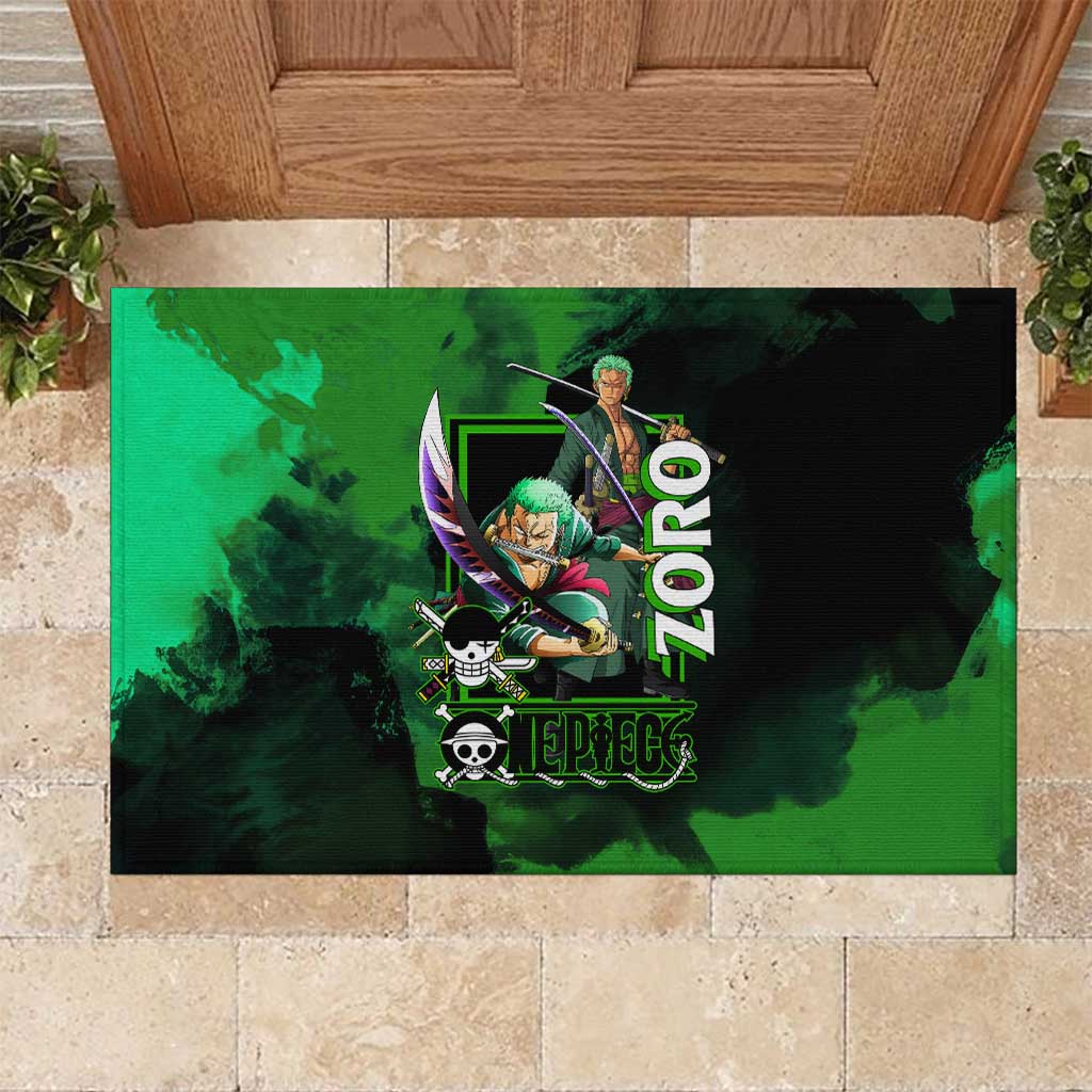 Zoro One Piece Green Theme Rubber Doormat with Swordsman Pose and Three Sword Style Design - The Mazicc