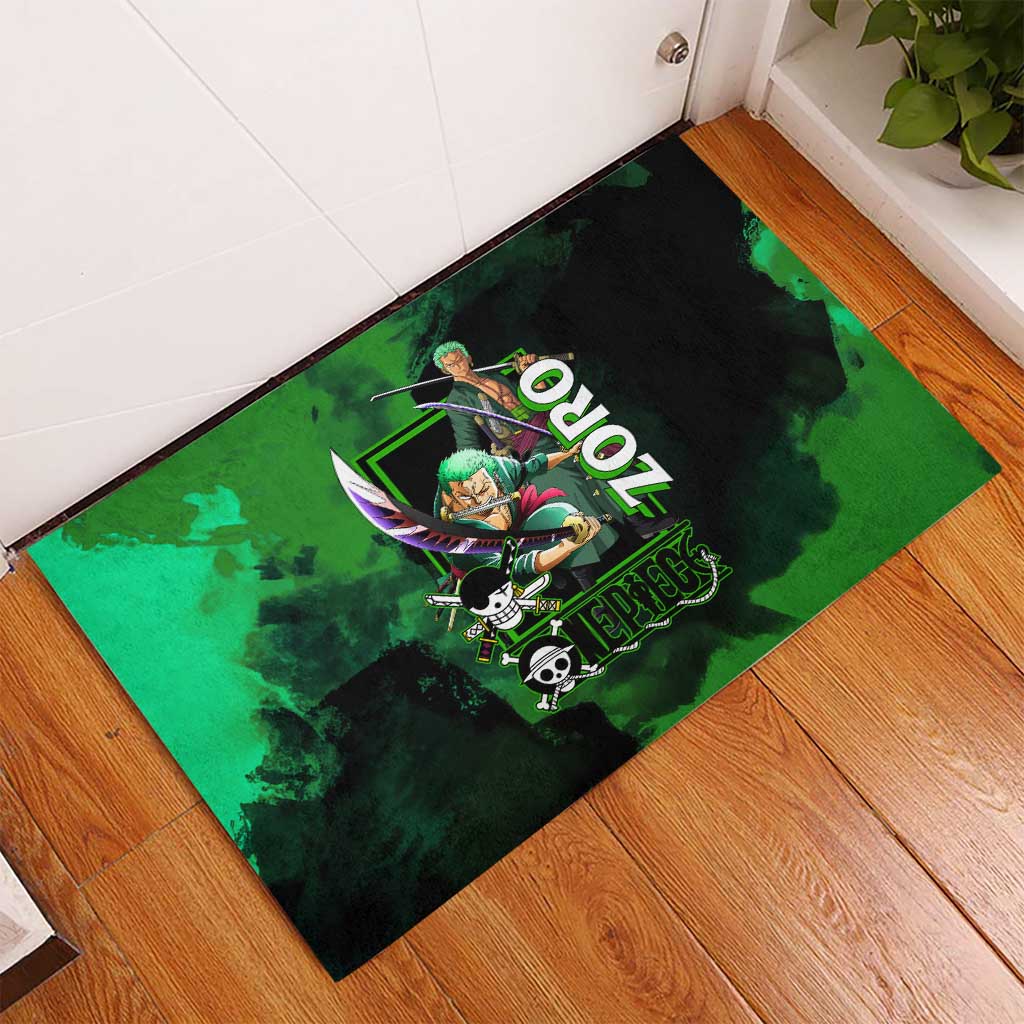Zoro One Piece Green Theme Rubber Doormat with Swordsman Pose and Three Sword Style Design - The Mazicc