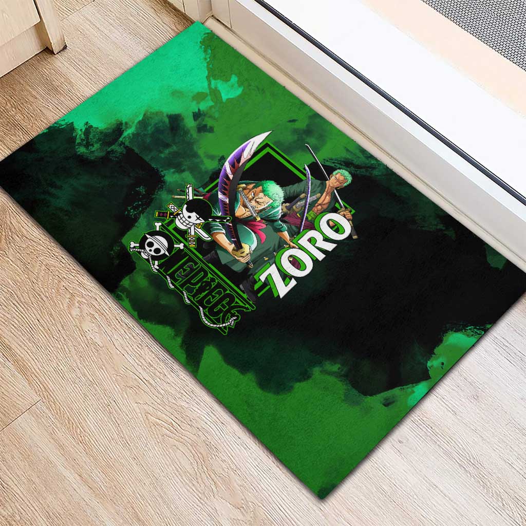 Zoro One Piece Green Theme Rubber Doormat with Swordsman Pose and Three Sword Style Design - The Mazicc