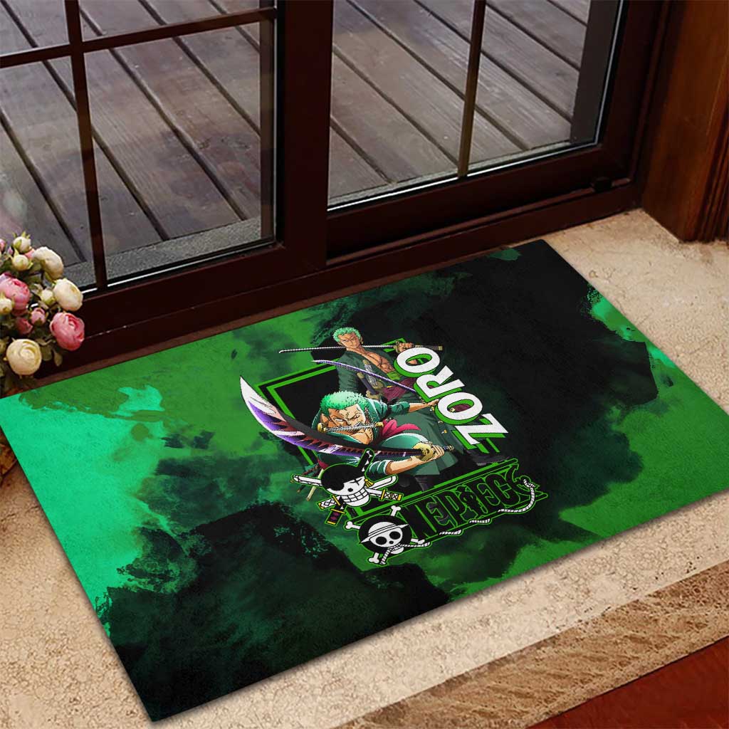 Zoro One Piece Green Theme Rubber Doormat with Swordsman Pose and Three Sword Style Design - The Mazicc