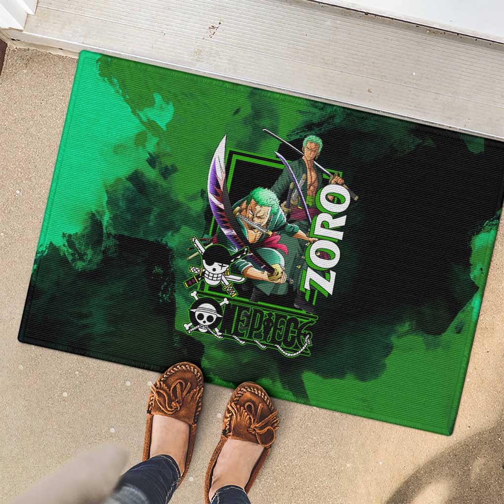 Zoro One Piece Green Theme Rubber Doormat with Swordsman Pose and Three Sword Style Design - The Mazicc
