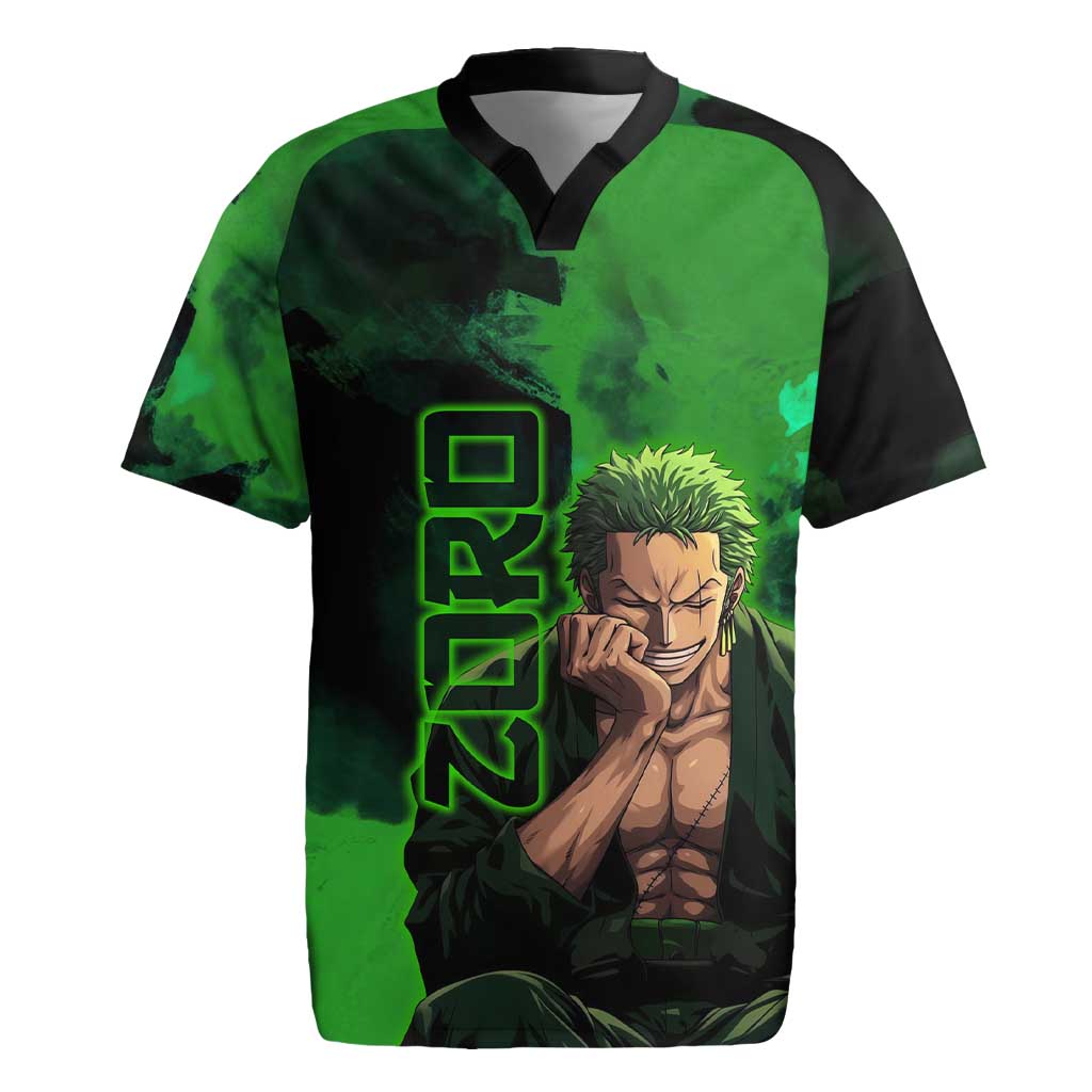 Zoro One Piece Green Theme Rugby Jersey with Swordsman Pose and Three Sword Style Design - The Mazicc