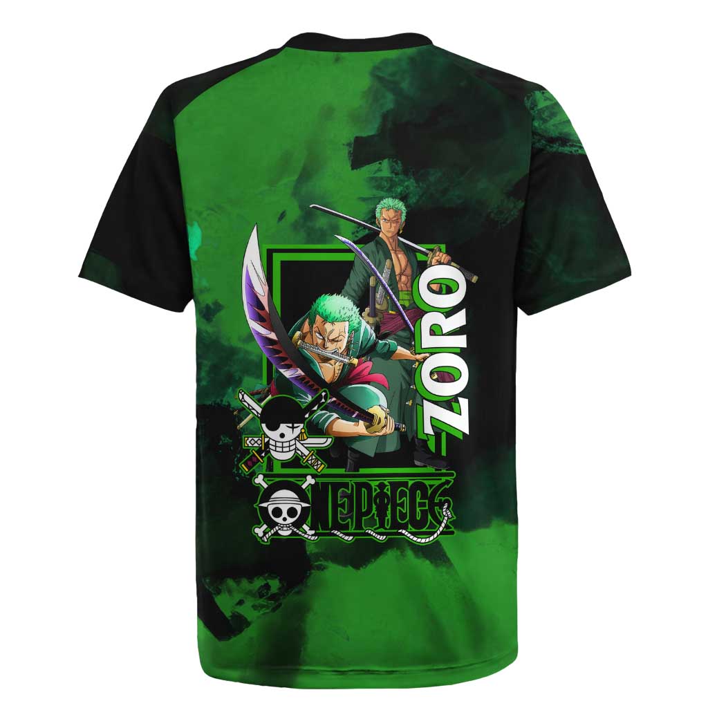 Zoro One Piece Green Theme Rugby Jersey with Swordsman Pose and Three Sword Style Design - The Mazicc