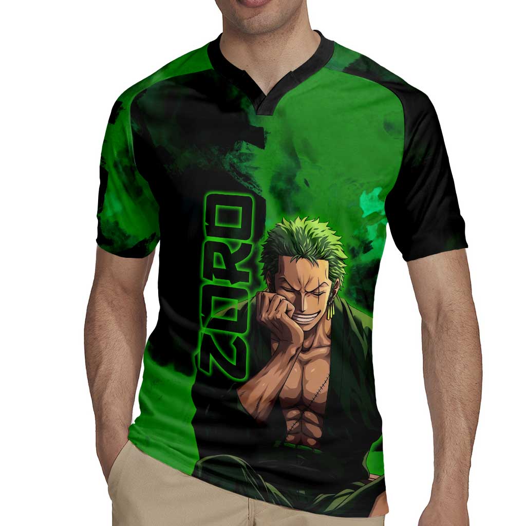 Zoro One Piece Green Theme Rugby Jersey with Swordsman Pose and Three Sword Style Design - The Mazicc