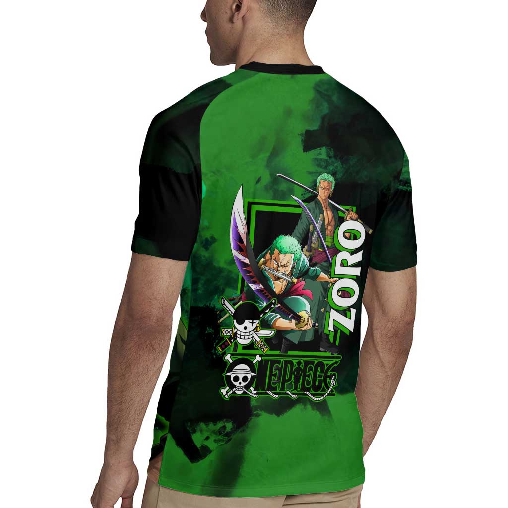 Zoro One Piece Green Theme Rugby Jersey with Swordsman Pose and Three Sword Style Design - The Mazicc