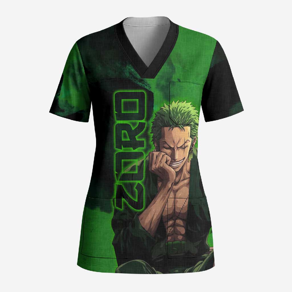 Zoro One Piece Green Theme Scrub Top with Swordsman Pose and Three Sword Style Design - The Mazicc