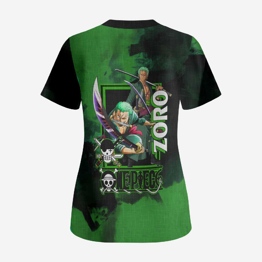 Zoro One Piece Green Theme Scrub Top with Swordsman Pose and Three Sword Style Design - The Mazicc