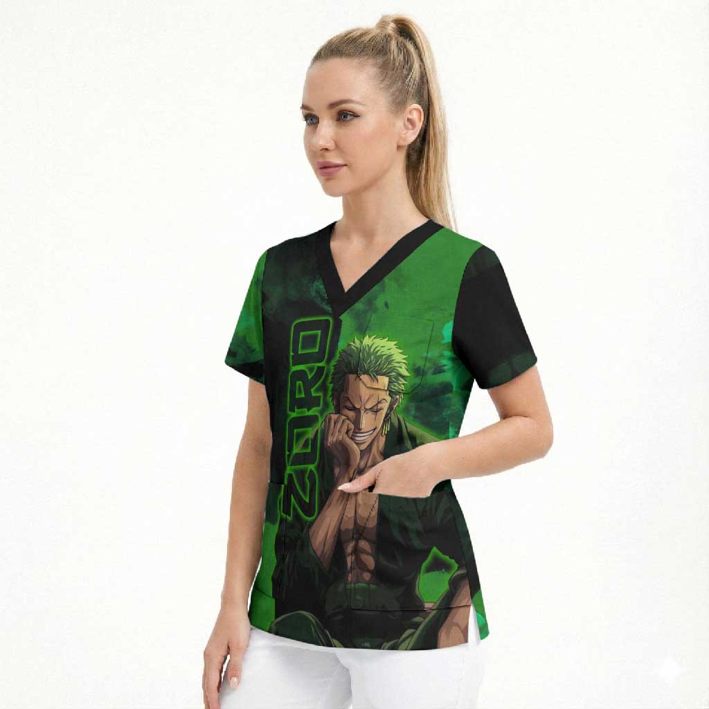 Zoro One Piece Green Theme Scrub Top with Swordsman Pose and Three Sword Style Design - The Mazicc