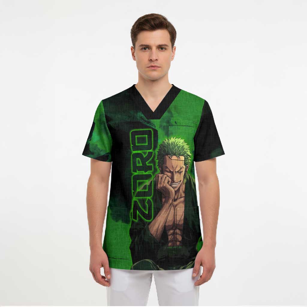 Zoro One Piece Green Theme Scrub Top with Swordsman Pose and Three Sword Style Design - The Mazicc