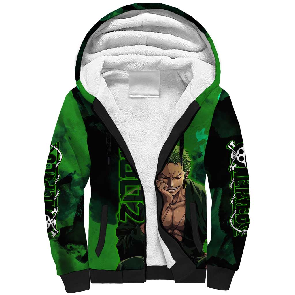 Zoro One Piece Green Theme Sherpa Hoodie with Swordsman Pose and Three Sword Style Design - The Mazicc