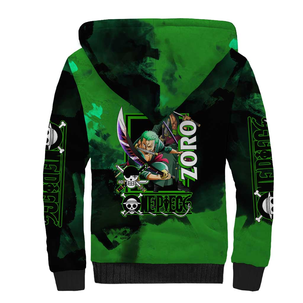Zoro One Piece Green Theme Sherpa Hoodie with Swordsman Pose and Three Sword Style Design - The Mazicc