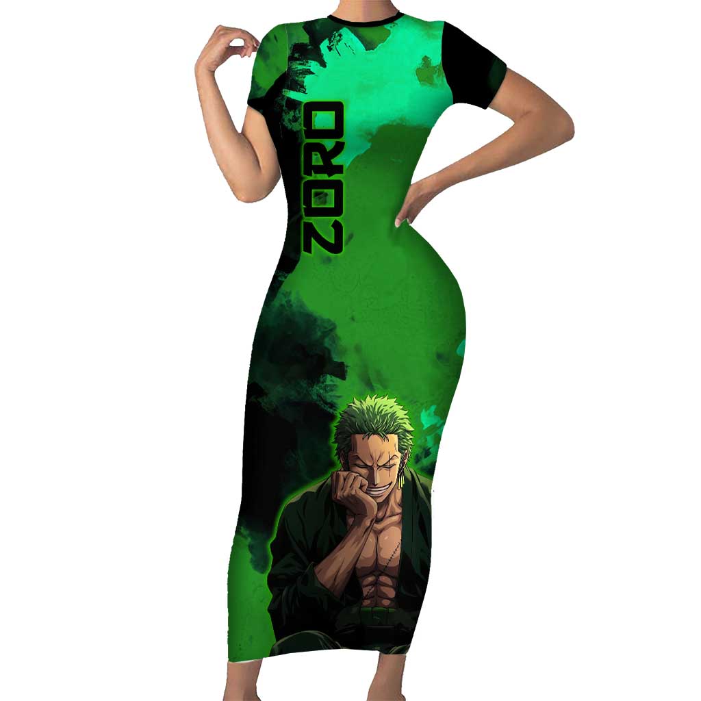 Zoro One Piece Green Theme Short Sleeve Bodycon Dress with Swordsman Pose and Three Sword Style Design - The Mazicc