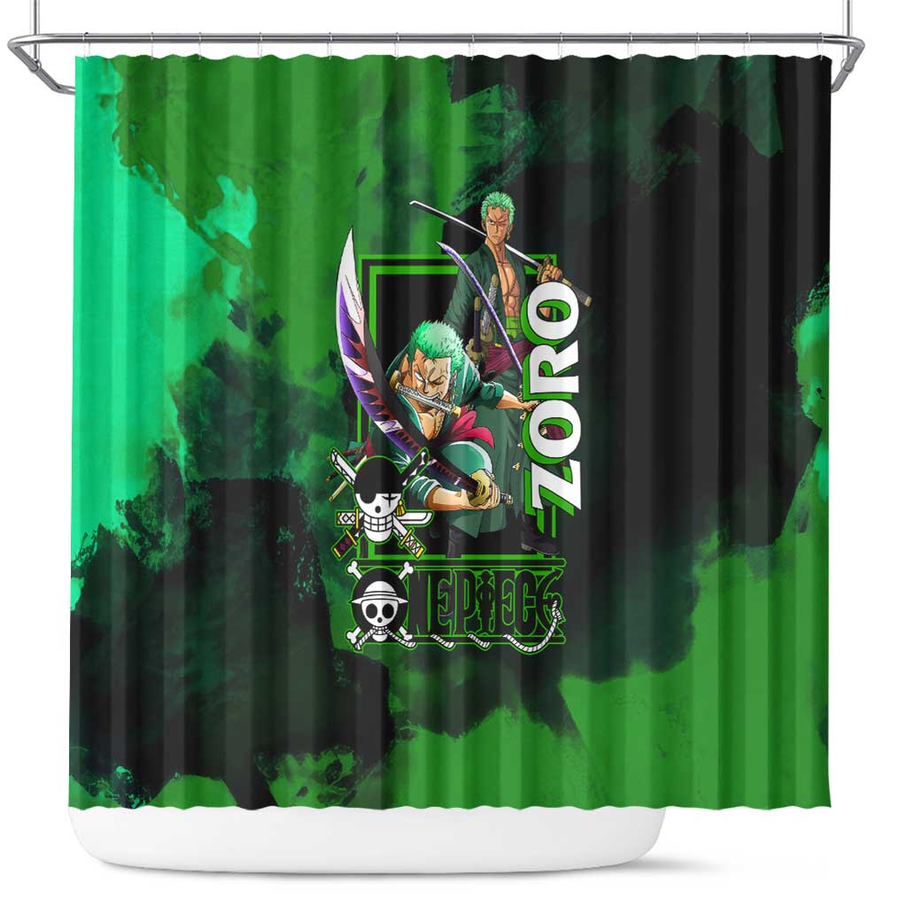 Zoro One Piece Green Theme Shower Curtain with Swordsman Pose and Three Sword Style Design - The Mazicc