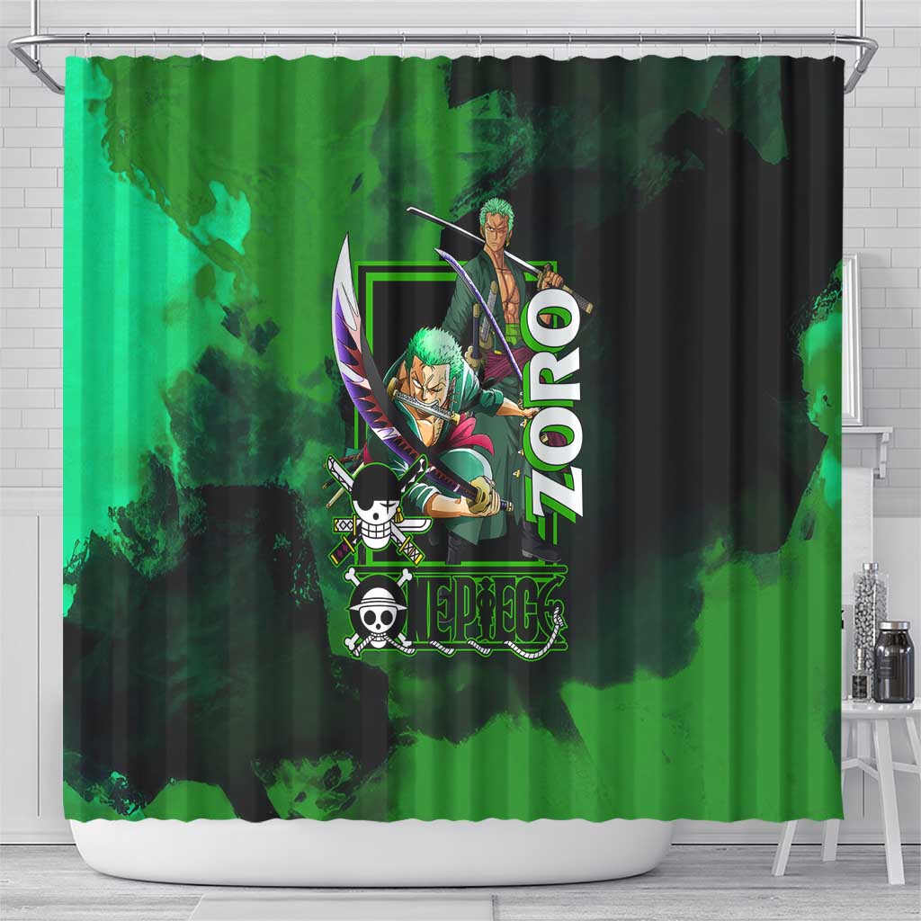 Zoro One Piece Green Theme Shower Curtain with Swordsman Pose and Three Sword Style Design - The Mazicc