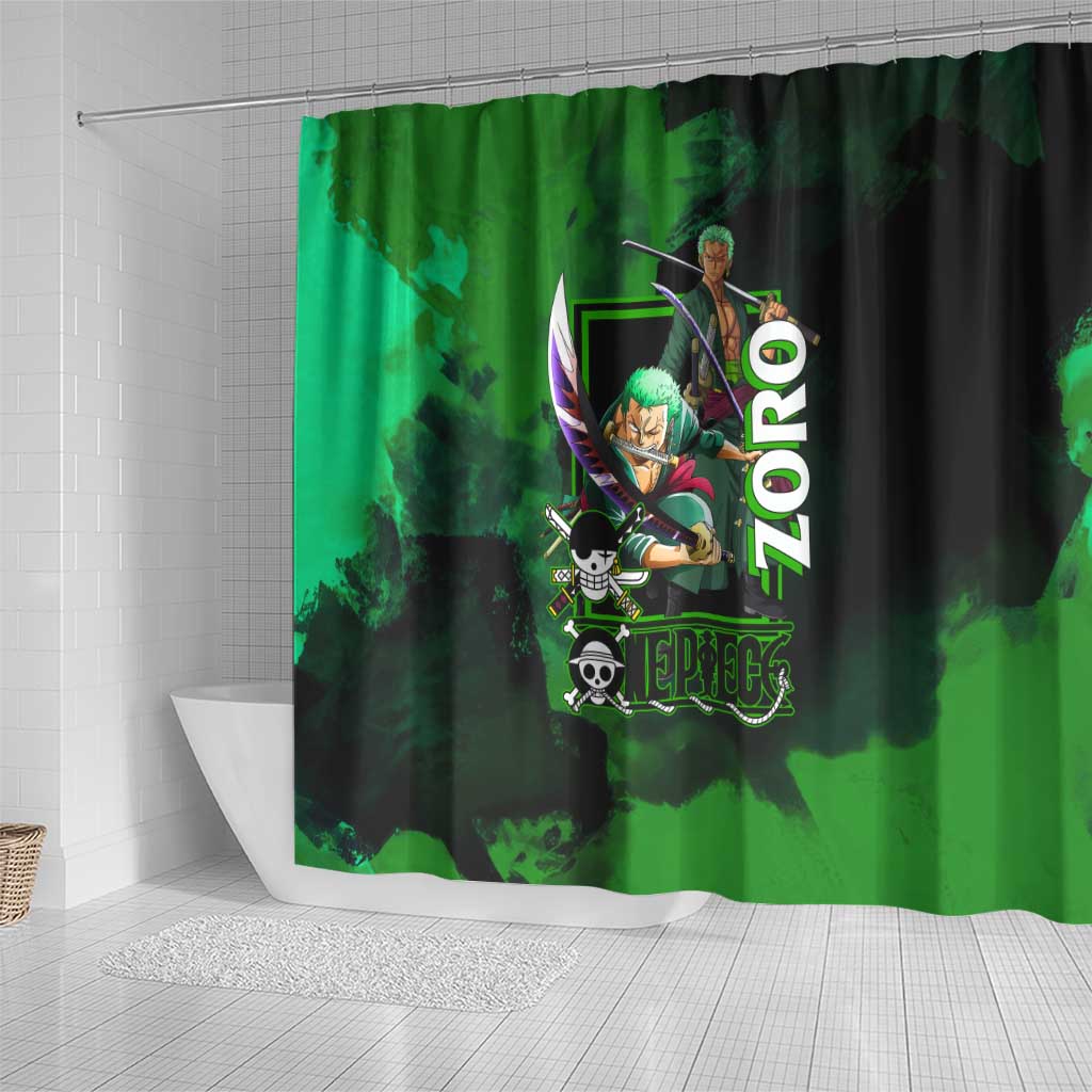 Zoro One Piece Green Theme Shower Curtain with Swordsman Pose and Three Sword Style Design - The Mazicc