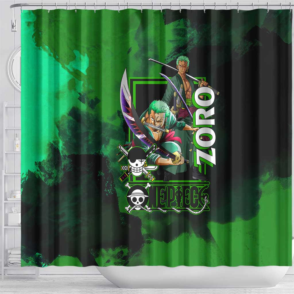 Zoro One Piece Green Theme Shower Curtain with Swordsman Pose and Three Sword Style Design - The Mazicc