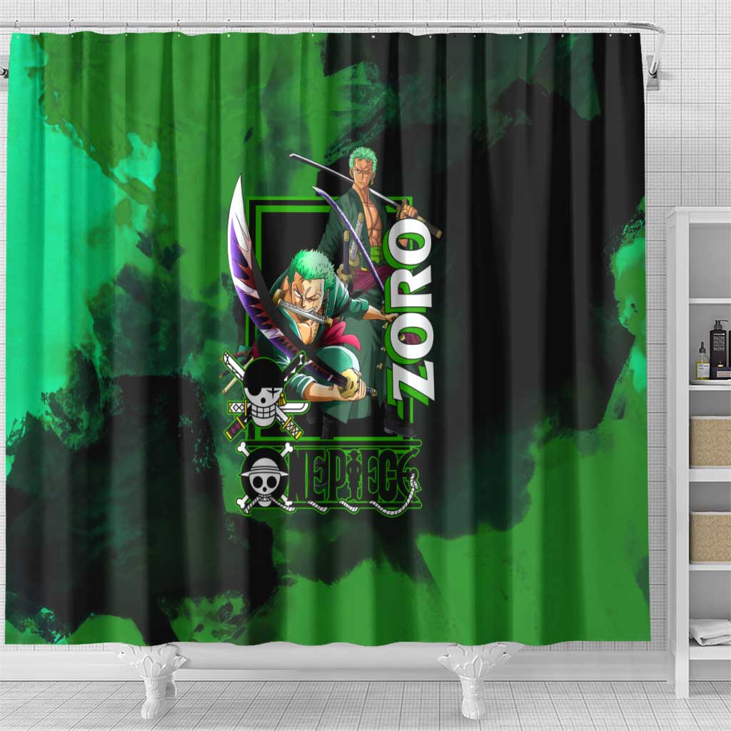 Zoro One Piece Green Theme Shower Curtain with Swordsman Pose and Three Sword Style Design - The Mazicc