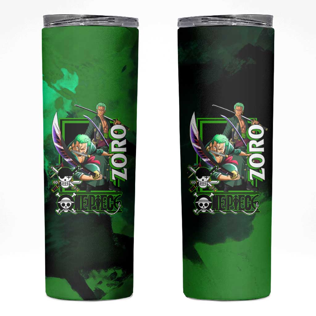 Zoro One Piece Green Theme Skinny Tumbler with Swordsman Pose and Three Sword Style Design - The Mazicc