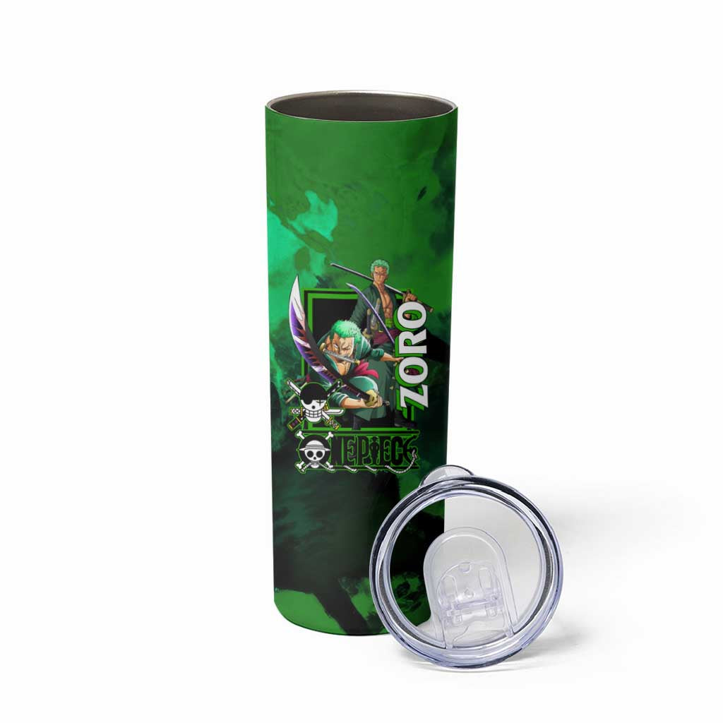 Zoro One Piece Green Theme Skinny Tumbler with Swordsman Pose and Three Sword Style Design - The Mazicc