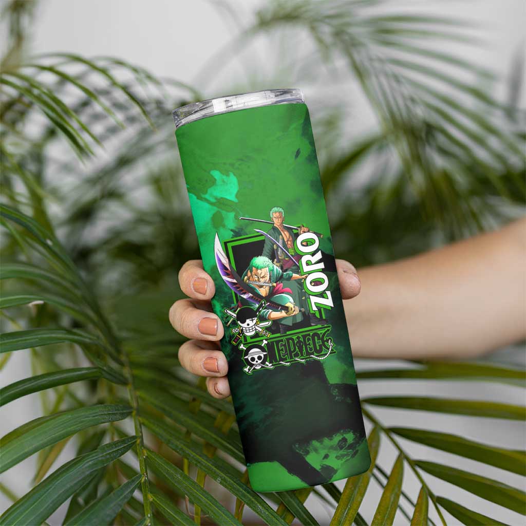 Zoro One Piece Green Theme Skinny Tumbler with Swordsman Pose and Three Sword Style Design - The Mazicc