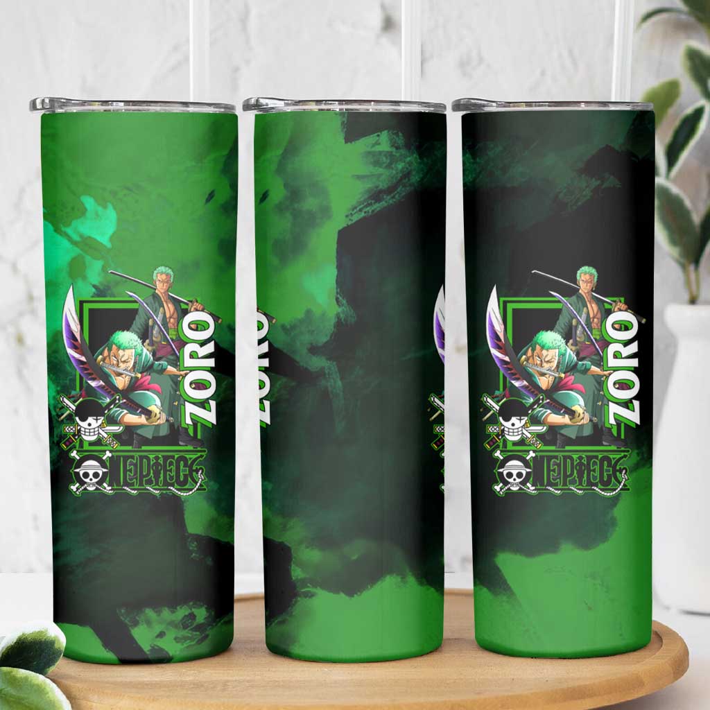 Zoro One Piece Green Theme Skinny Tumbler with Swordsman Pose and Three Sword Style Design - The Mazicc