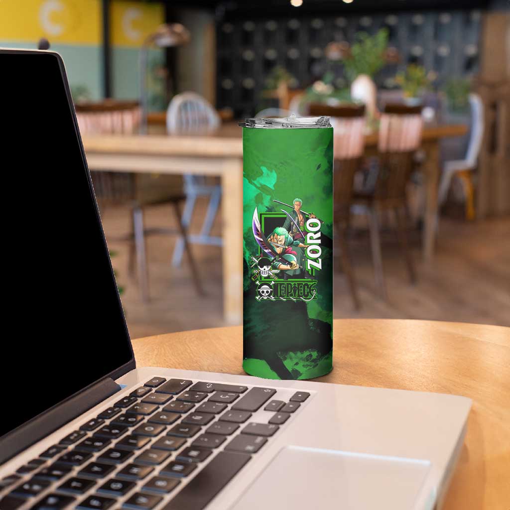 Zoro One Piece Green Theme Skinny Tumbler with Swordsman Pose and Three Sword Style Design - The Mazicc