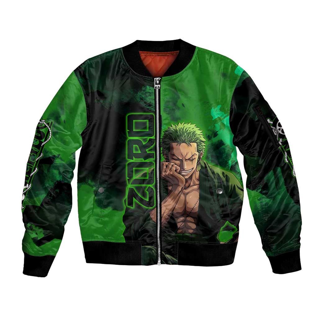 Zoro One Piece Green Theme Sleeve Zip Bomber Jacket with Swordsman Pose and Three Sword Style Design - The Mazicc