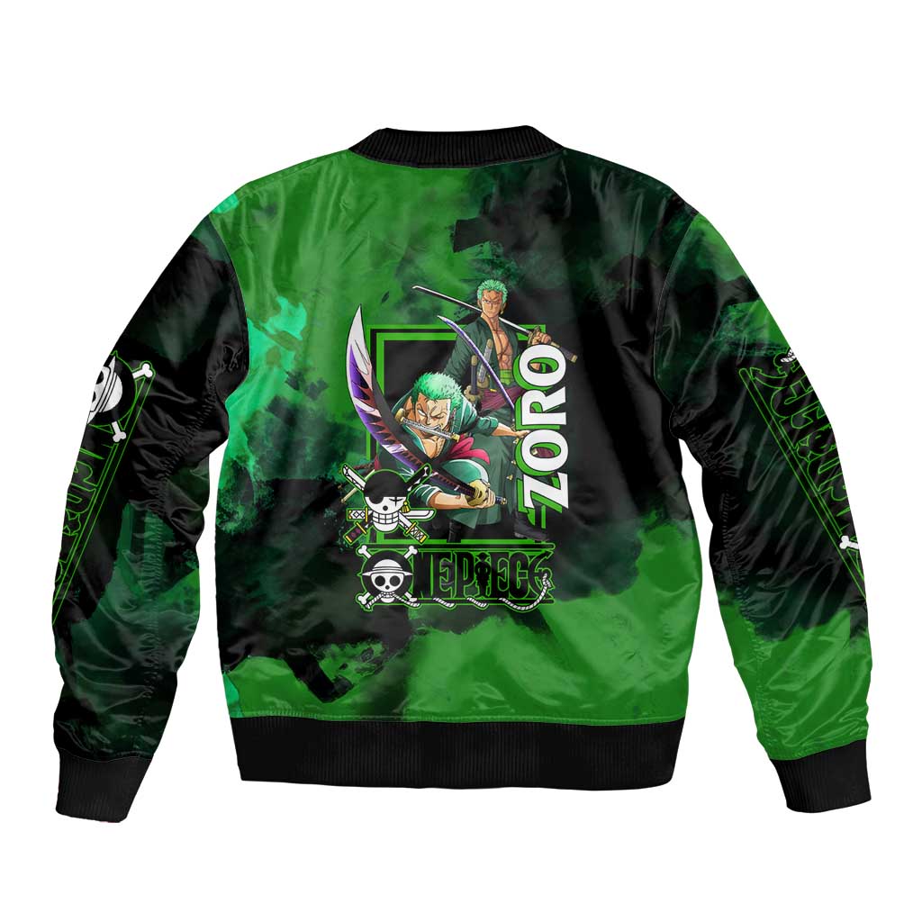 Zoro One Piece Green Theme Sleeve Zip Bomber Jacket with Swordsman Pose and Three Sword Style Design - The Mazicc