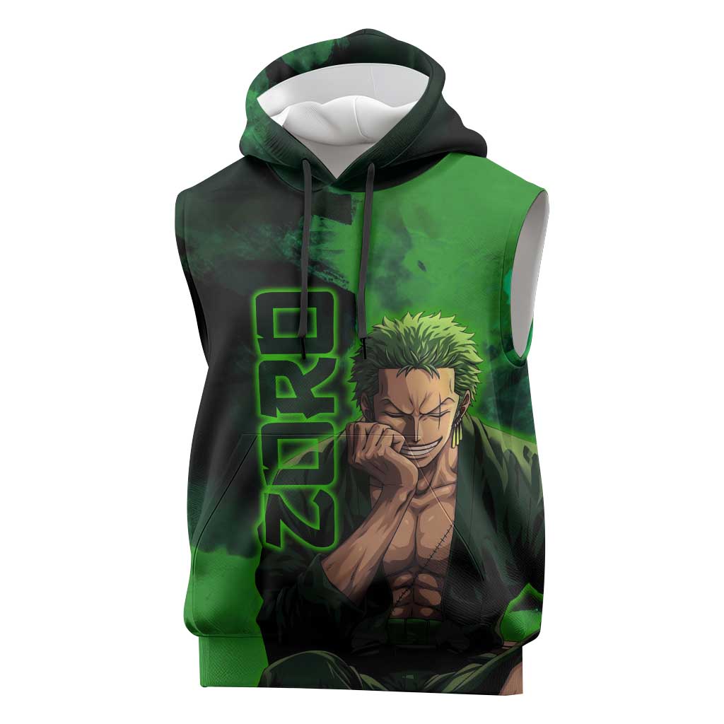 Zoro One Piece Green Theme Sleeveless Hoodie with Swordsman Pose and Three Sword Style Design - The Mazicc