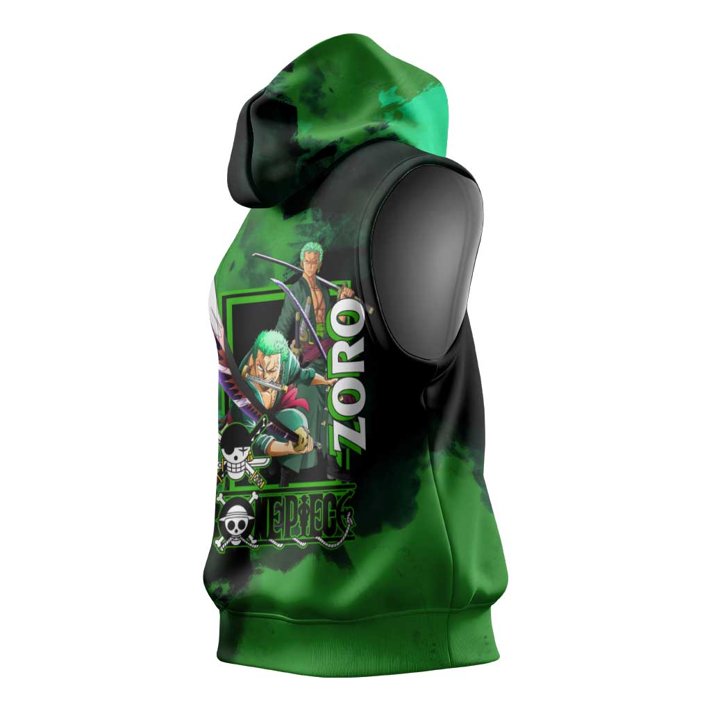 Zoro One Piece Green Theme Sleeveless Hoodie with Swordsman Pose and Three Sword Style Design - The Mazicc