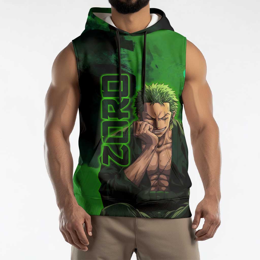 Zoro One Piece Green Theme Sleeveless Hoodie with Swordsman Pose and Three Sword Style Design - The Mazicc