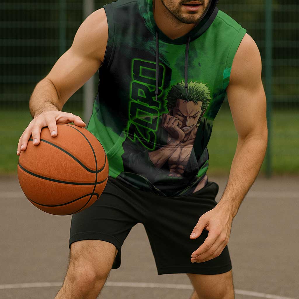 Zoro One Piece Green Theme Sleeveless Hoodie with Swordsman Pose and Three Sword Style Design - The Mazicc