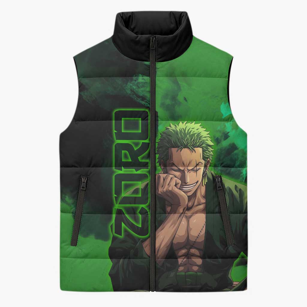 Zoro One Piece Green Theme Sleeveless Puffer Jacket with Swordsman Pose and Three Sword Style Design - The Mazicc