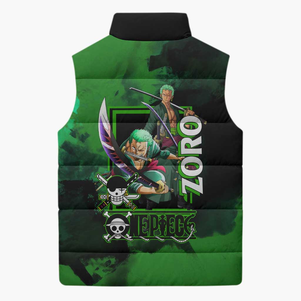 Zoro One Piece Green Theme Sleeveless Puffer Jacket with Swordsman Pose and Three Sword Style Design - The Mazicc