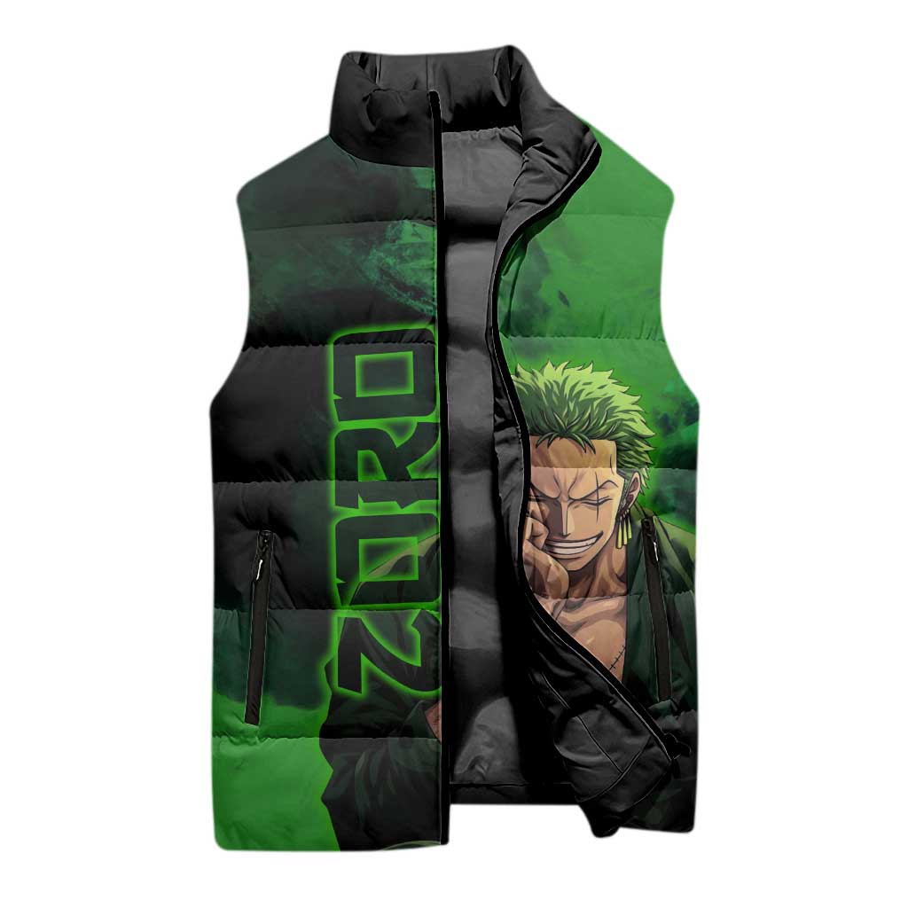 Zoro One Piece Green Theme Sleeveless Puffer Jacket with Swordsman Pose and Three Sword Style Design - The Mazicc