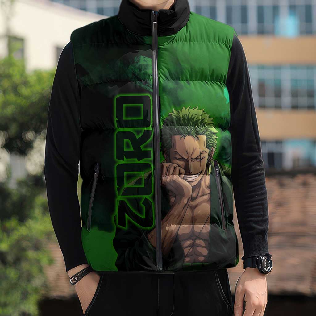 Zoro One Piece Green Theme Sleeveless Puffer Jacket with Swordsman Pose and Three Sword Style Design - The Mazicc