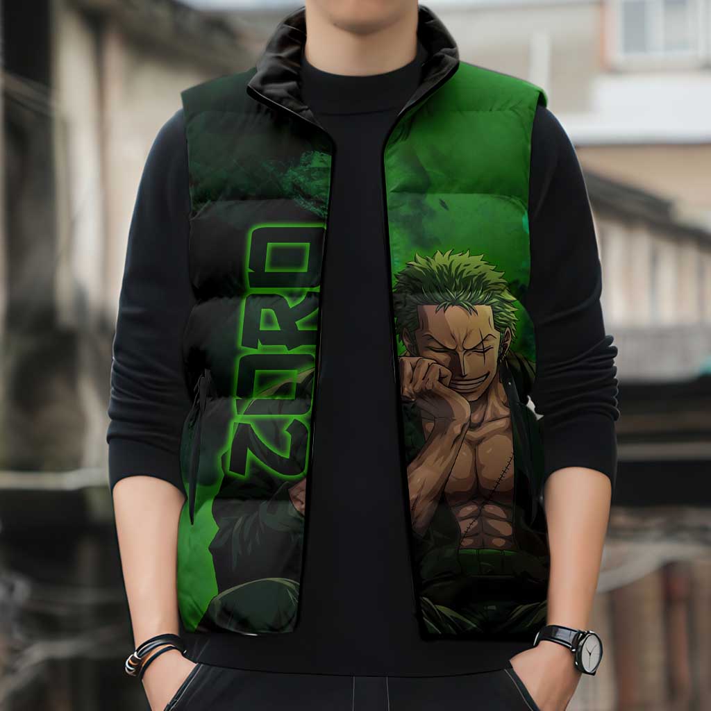Zoro One Piece Green Theme Sleeveless Puffer Jacket with Swordsman Pose and Three Sword Style Design - The Mazicc