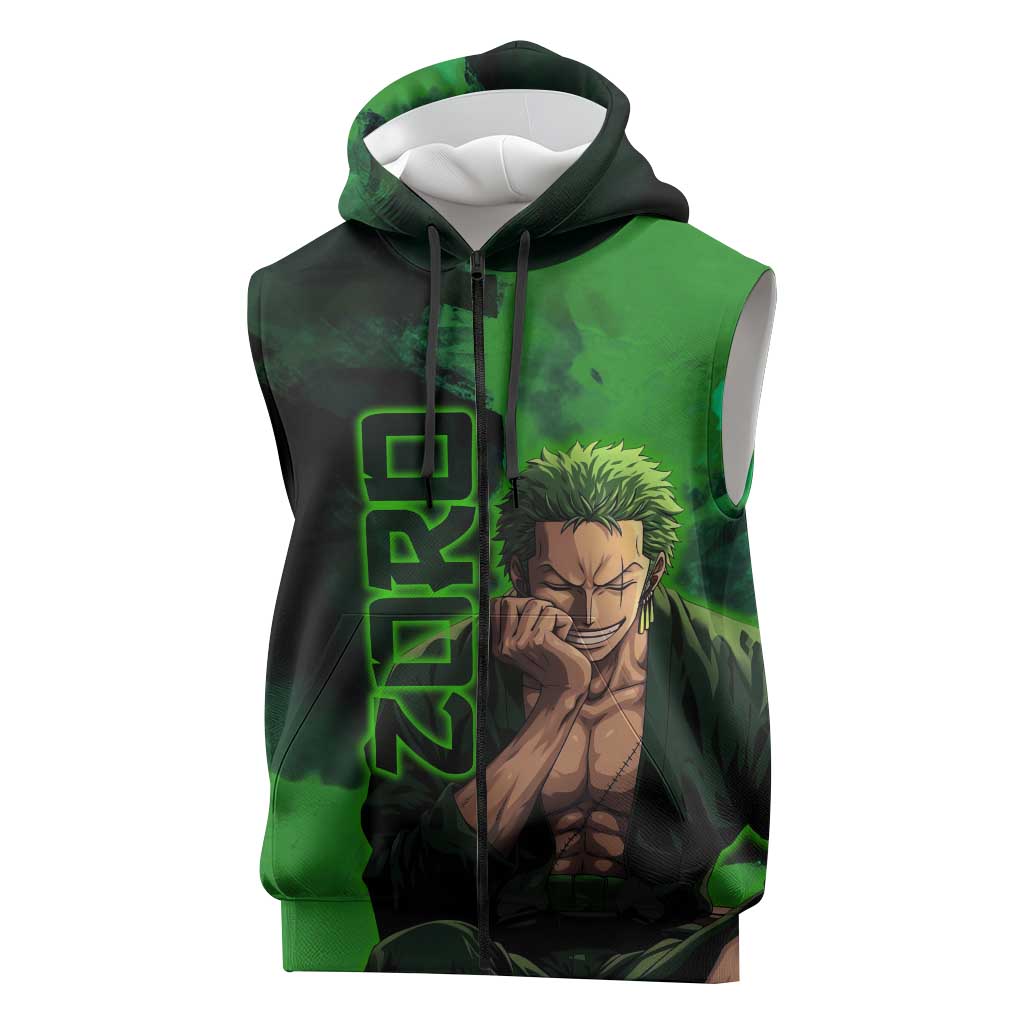 Zoro One Piece Green Theme Sleeveless Zip Hoodie with Swordsman Pose and Three Sword Style Design - The Mazicc