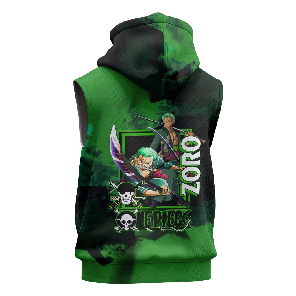 Zoro One Piece Green Theme Sleeveless Zip Hoodie with Swordsman Pose and Three Sword Style Design - The Mazicc