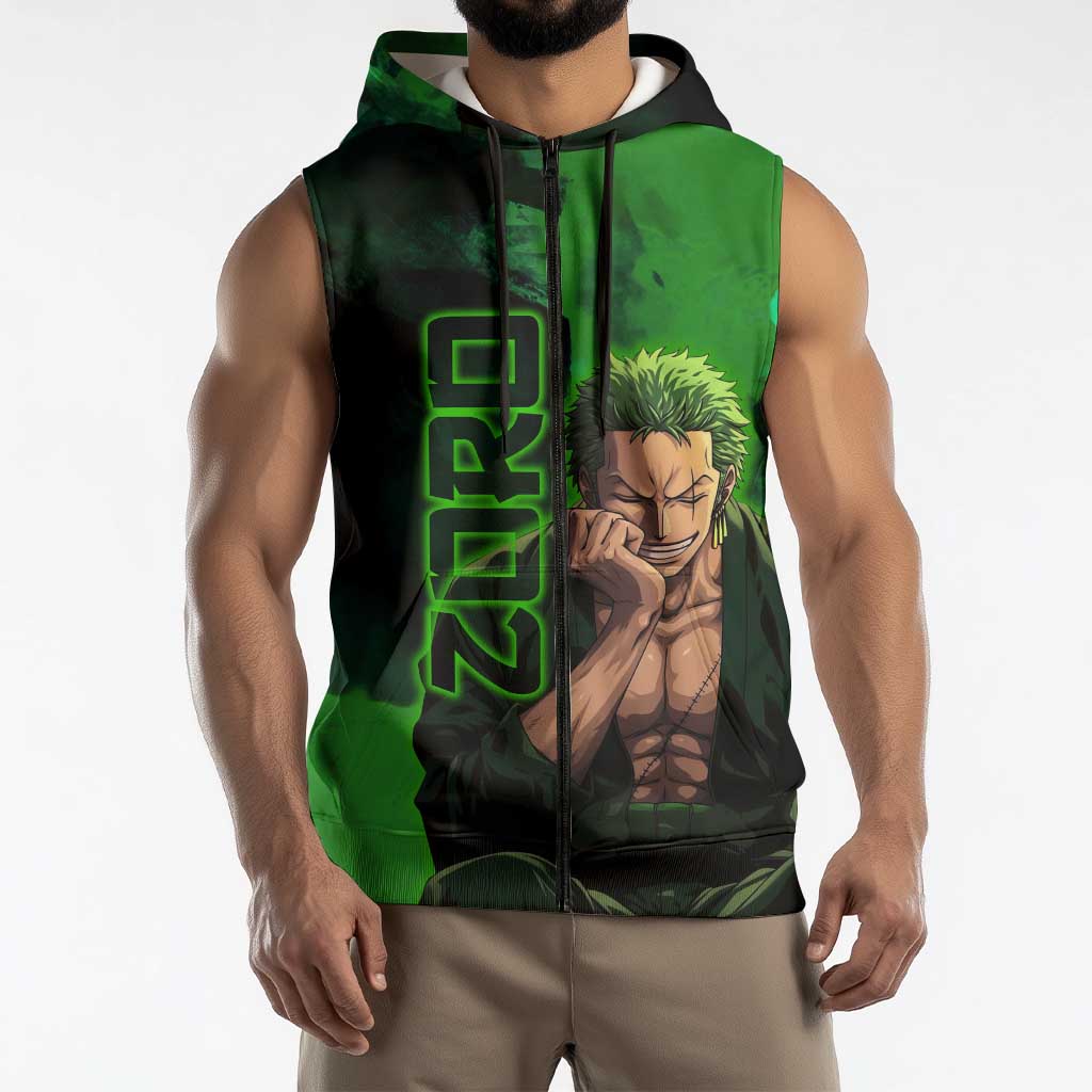 Zoro One Piece Green Theme Sleeveless Zip Hoodie with Swordsman Pose and Three Sword Style Design - The Mazicc