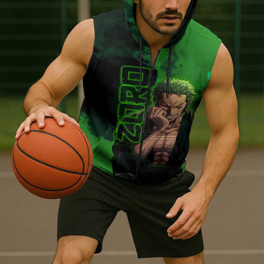 Zoro One Piece Green Theme Sleeveless Zip Hoodie with Swordsman Pose and Three Sword Style Design - The Mazicc
