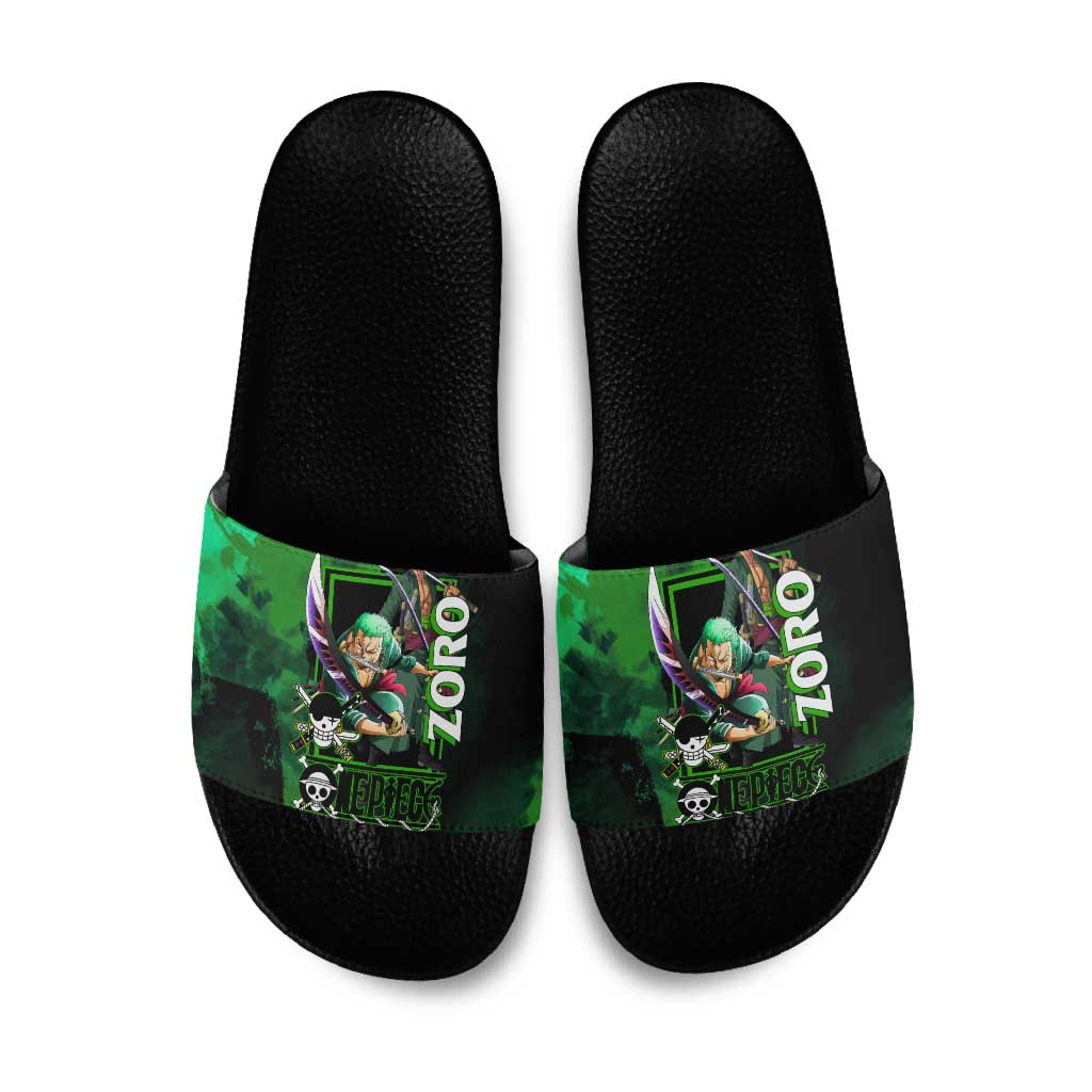 Zoro One Piece Green Theme Slide Sandals with Swordsman Pose and Three Sword Style Design - The Mazicc