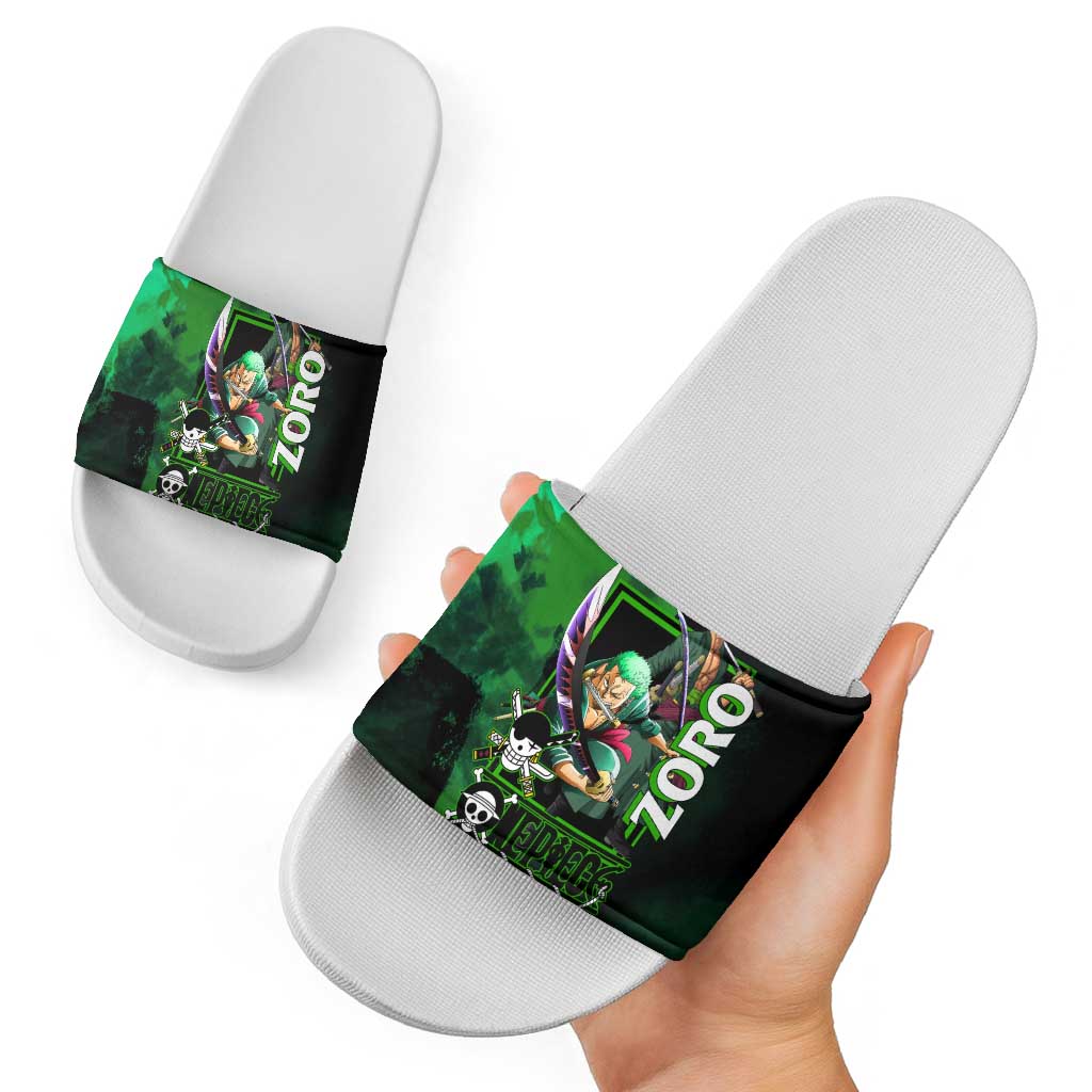 Zoro One Piece Green Theme Slide Sandals with Swordsman Pose and Three Sword Style Design - The Mazicc