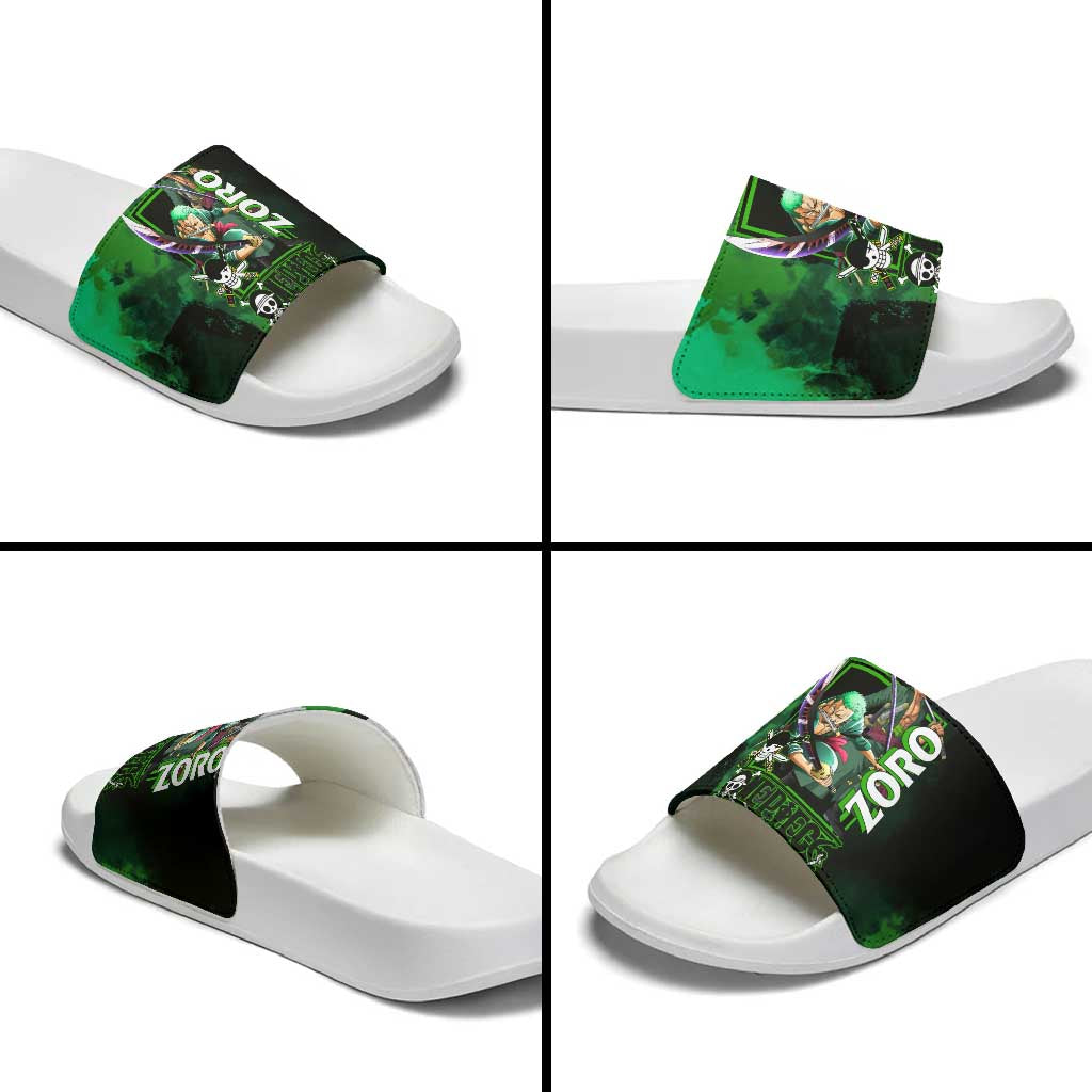 Zoro One Piece Green Theme Slide Sandals with Swordsman Pose and Three Sword Style Design - The Mazicc