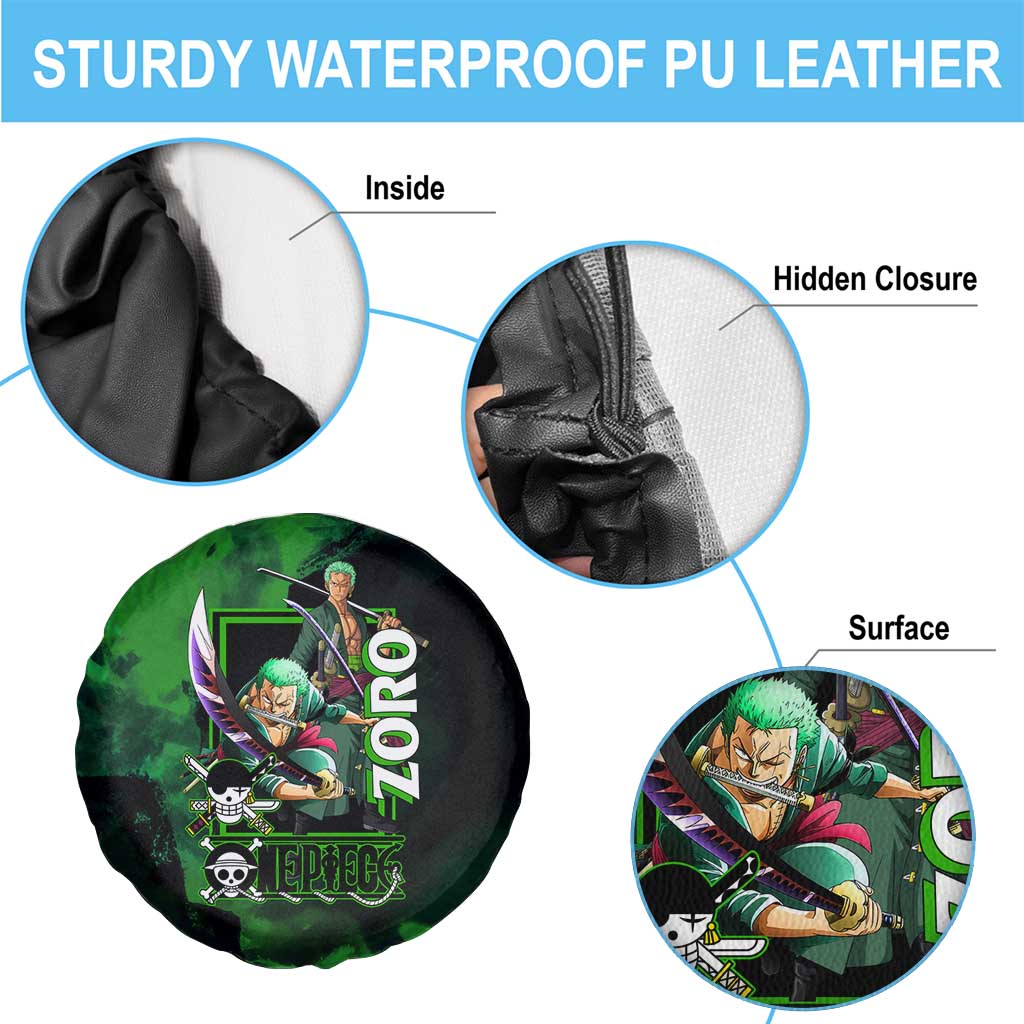 Zoro One Piece Green Theme Spare Tire Cover with Swordsman Pose and Three Sword Style Design - The Mazicc