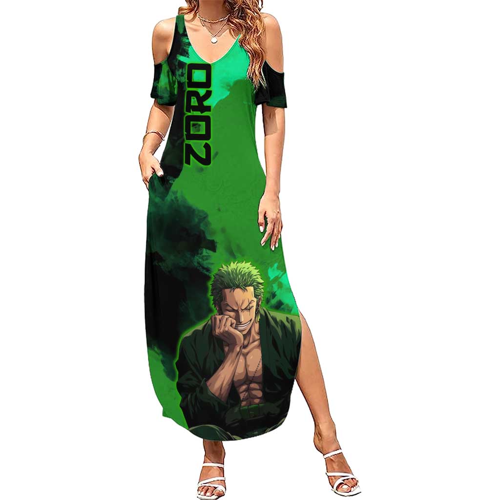 Zoro One Piece Green Theme Summer Maxi Dress with Swordsman Pose and Three Sword Style Design - The Mazicc