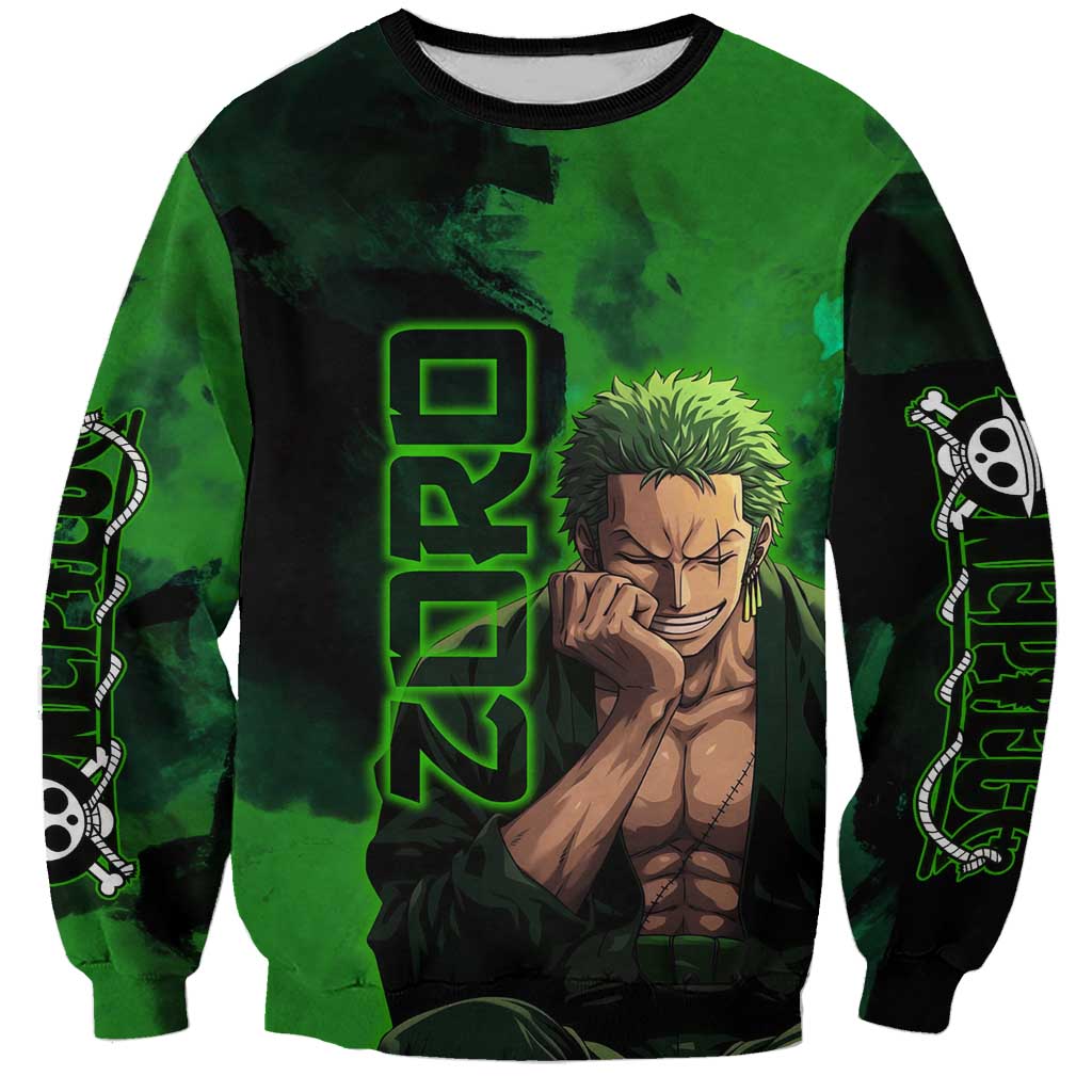 Zoro One Piece Green Theme Sweatshirt with Swordsman Pose and Three Sword Style Design - The Mazicc